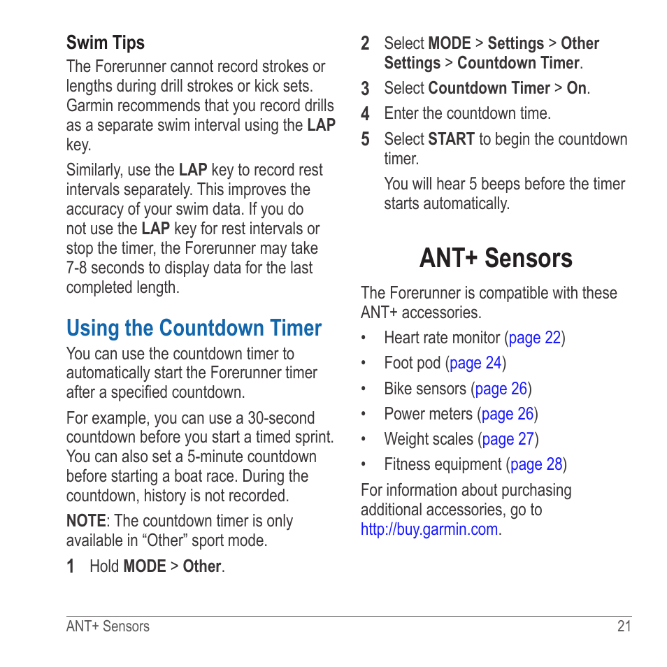 Using the countdown timer, Ant+ sensors Garmin 910XT User Manual Page / 56