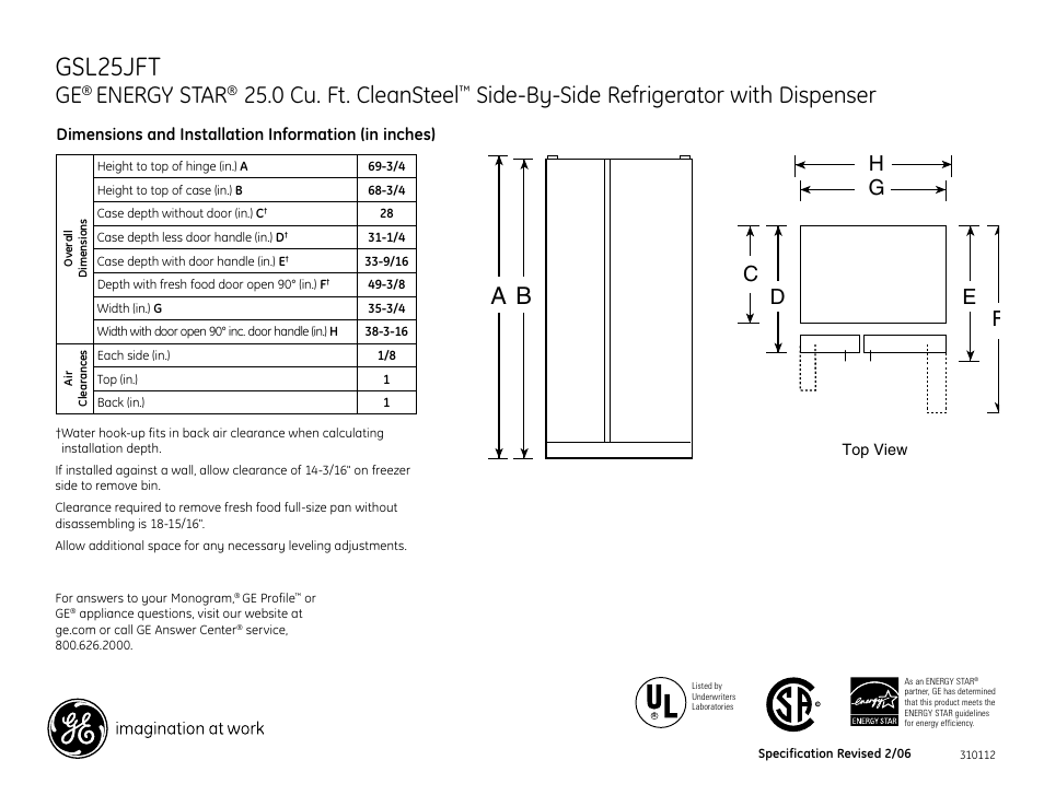 GE ENERGYSTAR GSL25JFT User Manual | 2 pages