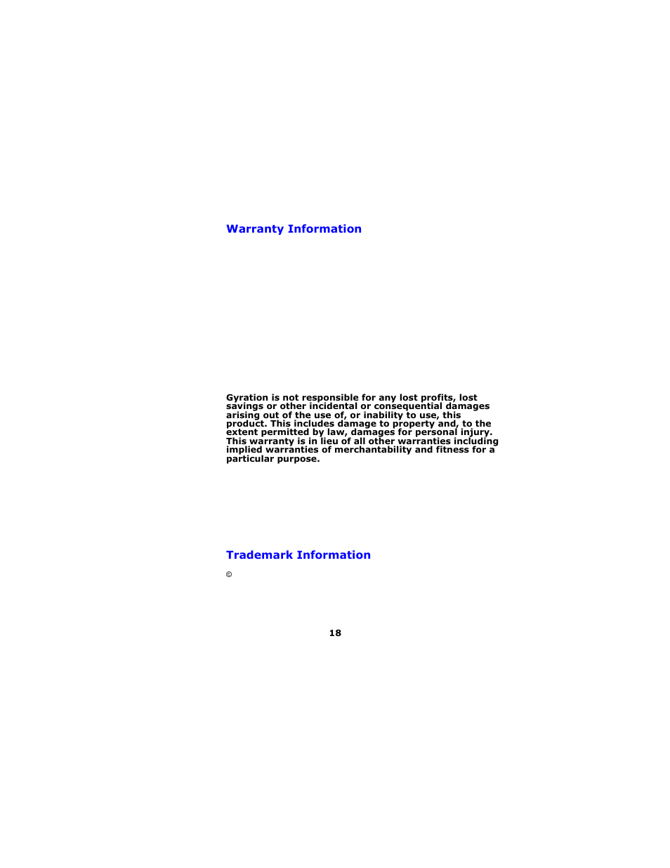 Warranty information, Trademark information | Gyration Ultra Cordless Optical Mouse User Manual | Page 21 / 22