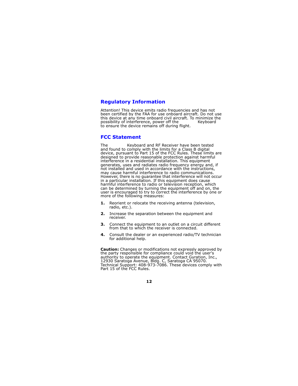 Regulatory information, Fcc statement | Gyration Full-Size Keyboard User Manual | Page 15 / 19