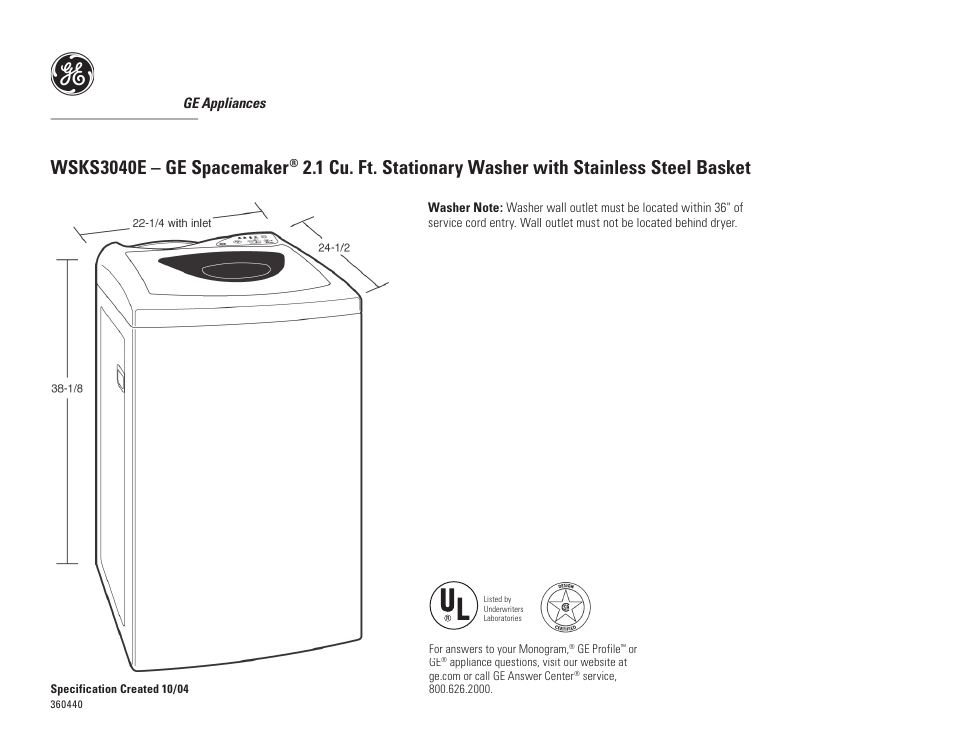 GE SPACEMAKER WSKS3040E User Manual | 3 pages