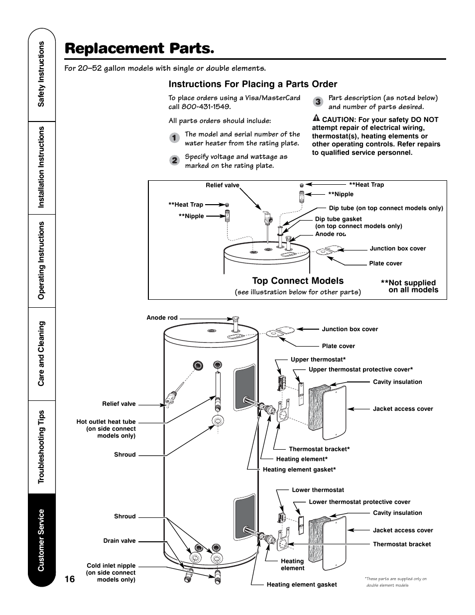 Replacement parts, Instructions for placing a parts order, Top connect  models | GE AP12170-4 User Manual | Page 16 / 20