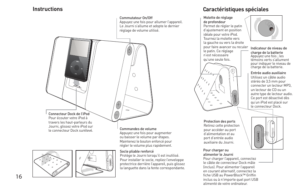 Instructions, Caractéristiques spéciales | Griffin Technology Griffin TuneBuds Personal Mobile Speaker System User Manual | Page 16 / 42