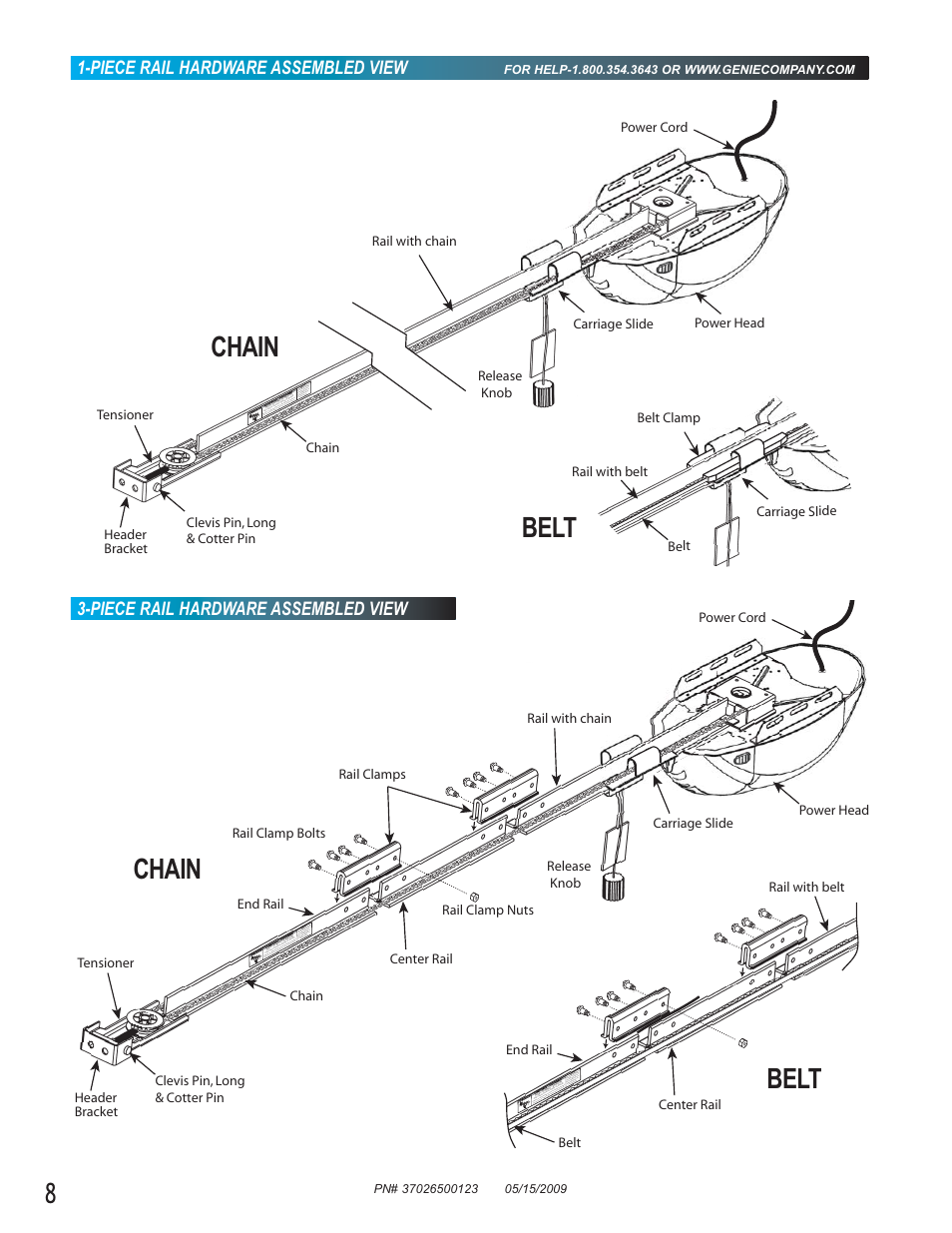 Chain, Chain belt belt, Piece rail hardware assembled view | Genie 2024 User Manual | Page 8 / 30