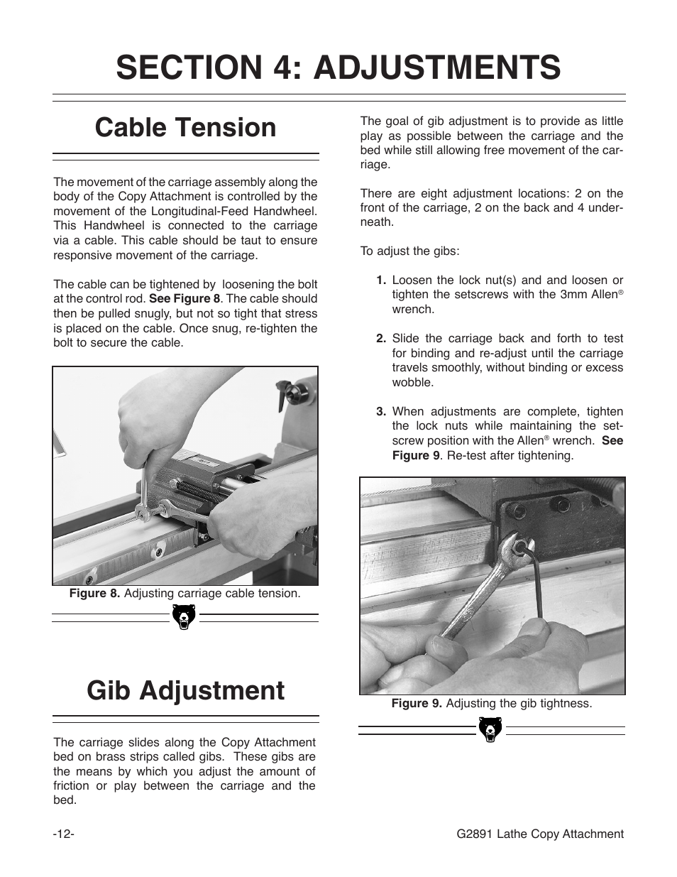 Cable tension, Gib adjustment | Grizzly 