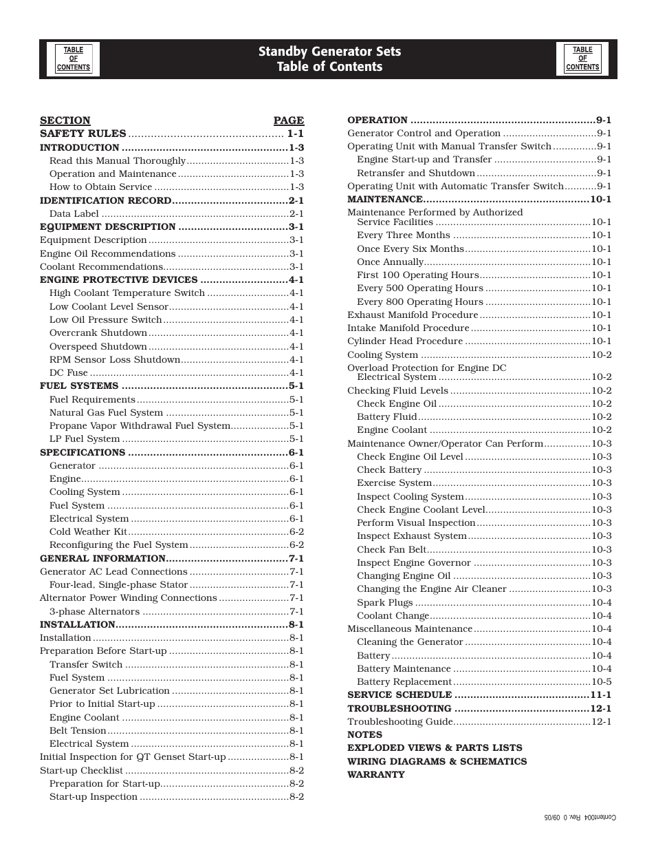 Standby generator sets table of contents | Generac 20kW User Manual