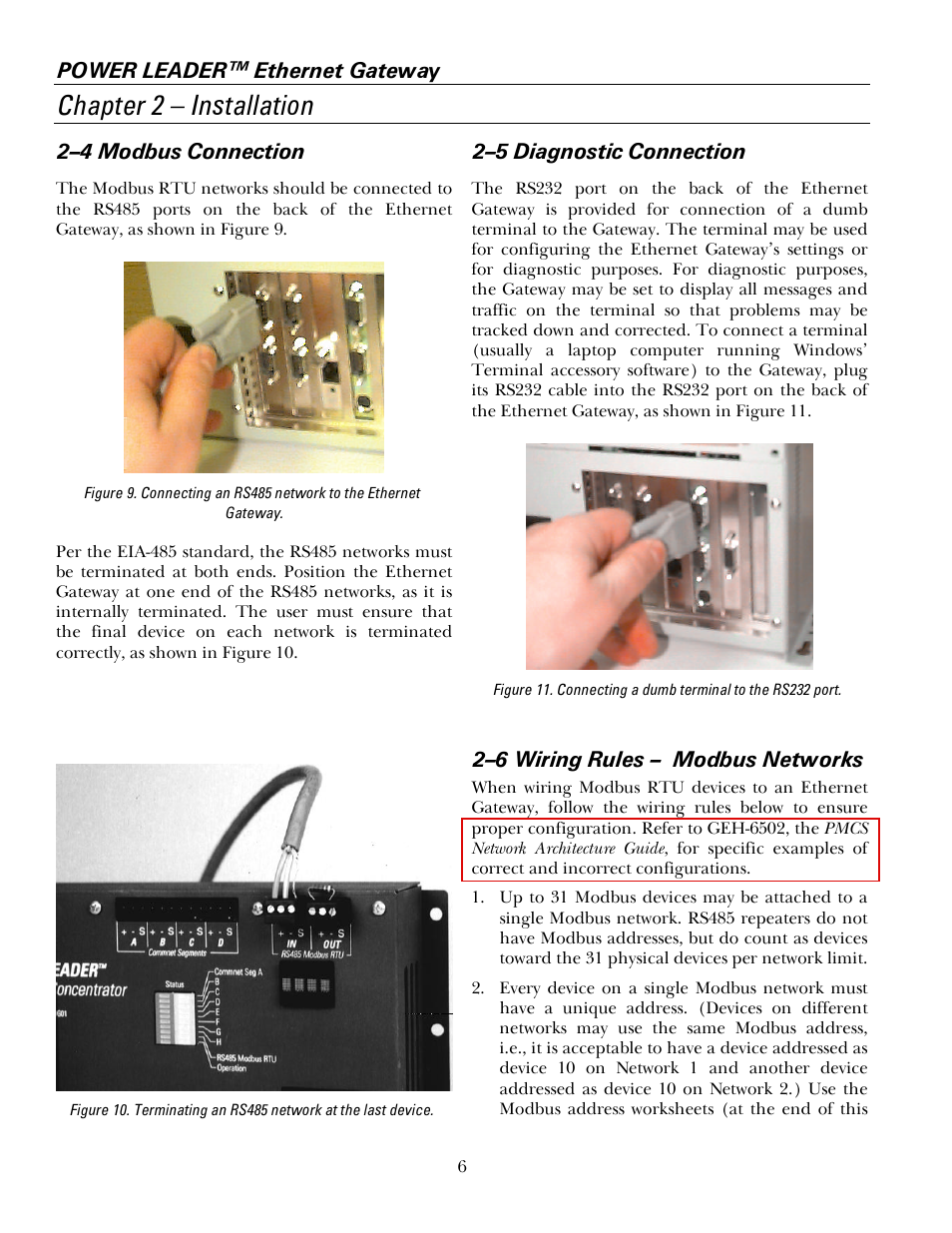 4 modbus connections, 5 diagnostic connection, 6 wiring rules - modbus networks | Chapter 2 – installation, Power leader™ ethernet gateway, 2–4 modbus connection, 2–5 diagnostic connection, 2–6 wiring rules – modbus networks | GE GEH6505A User Manual | Page 10 / 24