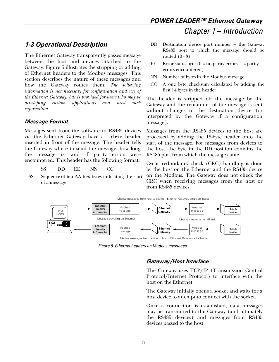 3 operational description, Chapter 1 – introduction, Power leader™ ethernet gateway | Message format, Gateway/host interface | GE GEH6505A User Manual | Page 7 / 24