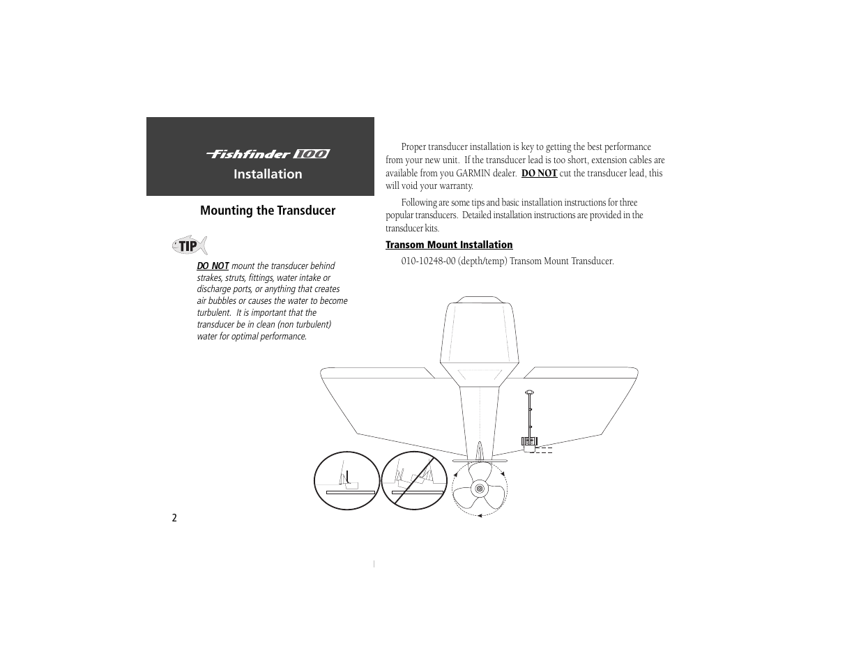 mounting the transducer Garmin Fishfinder 100 User Manual | Page / 49
