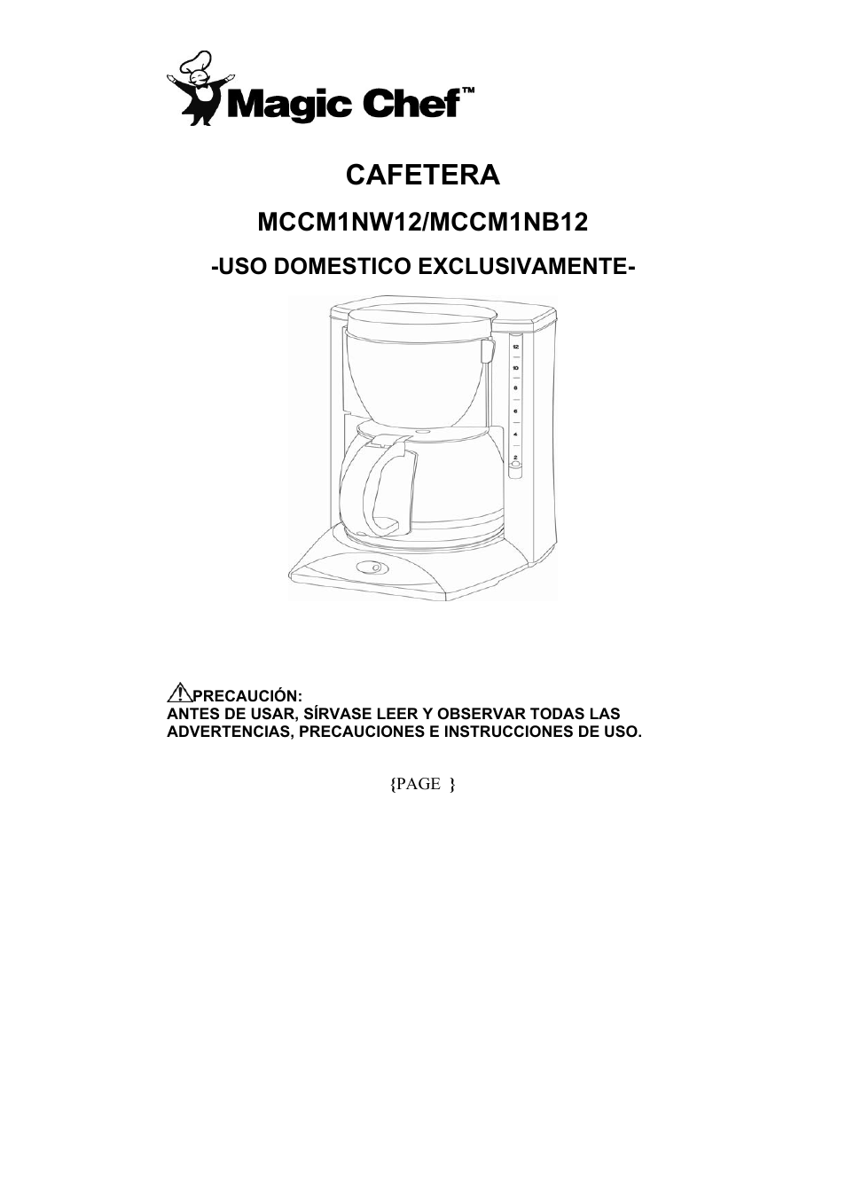 Cafetera, Mccm1nw12/mccm1nb12, Uso domestico exclusivamente | Maytag MCCM1NW12 User Manual | Page 11 / 20
