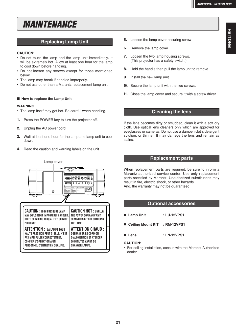 Maintenance | Marantz VP-12S1s User Manual | Page 25 / 30