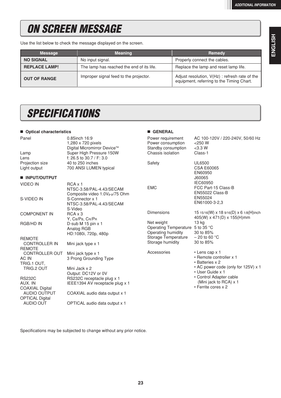 Specifications, On screen message | Marantz VP-12S1s User Manual | Page 27 / 30