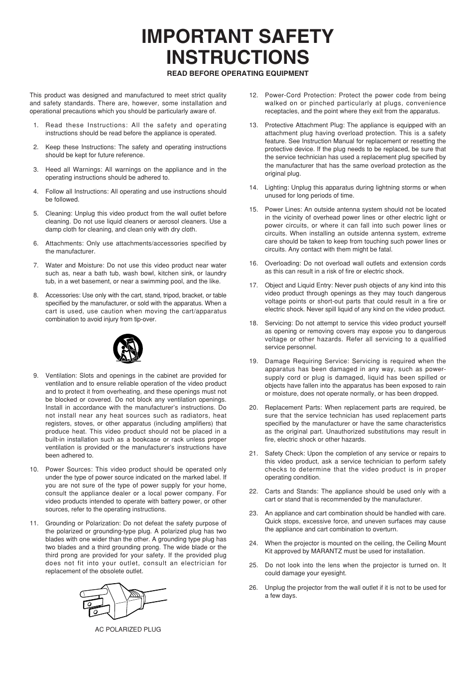 Important safety instructions | Marantz VP-12S1s User Manual | Page 3 / 30