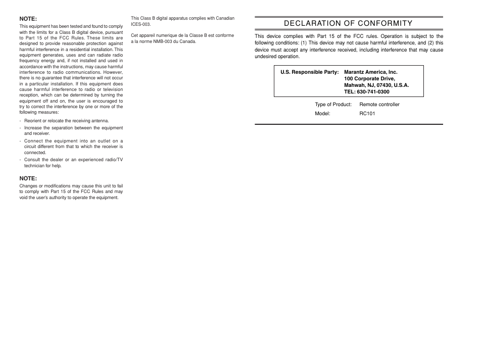 Declaration of conformity | Marantz RC101 User Manual | Page 2 / 15