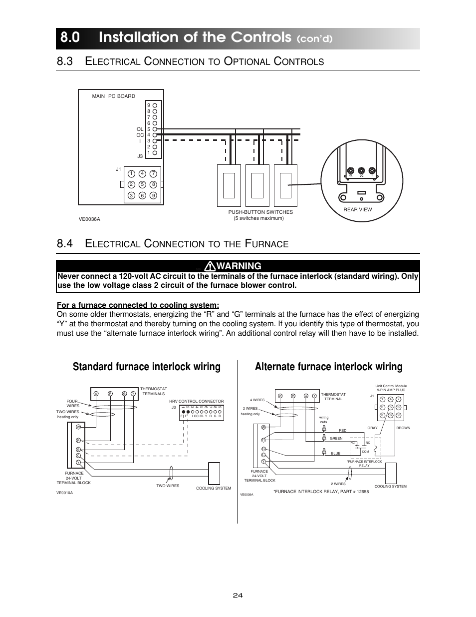 0 installation of the controls, Standard furnace interlock wiring, Alternate furnace interlock wiring | Con’d), Warning, Lectrical, Onnection to, Ptional, Ontrols, Onnection to the | Maytag Ventilation Systems HRV-210 User Manual | Page 24 / 32