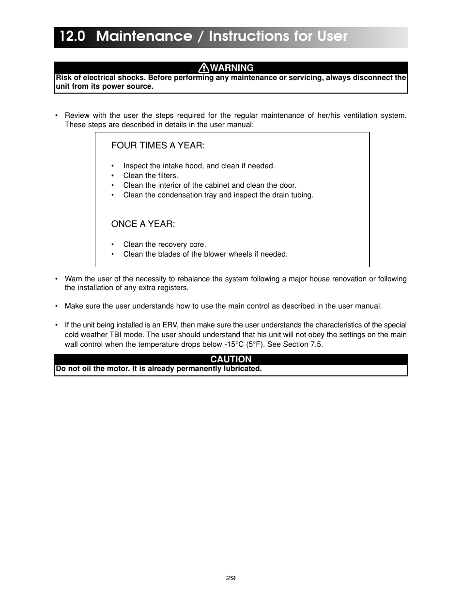 0 maintenance / instructions for user | Maytag Ventilation Systems HRV-210 User Manual | Page 29 / 32