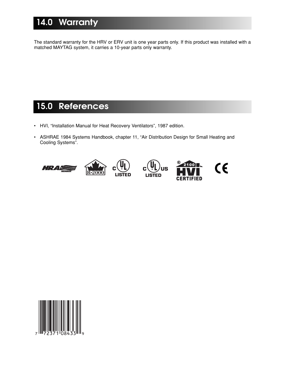0 warranty, 0 references | Maytag Ventilation Systems HRV-210 User Manual | Page 32 / 32