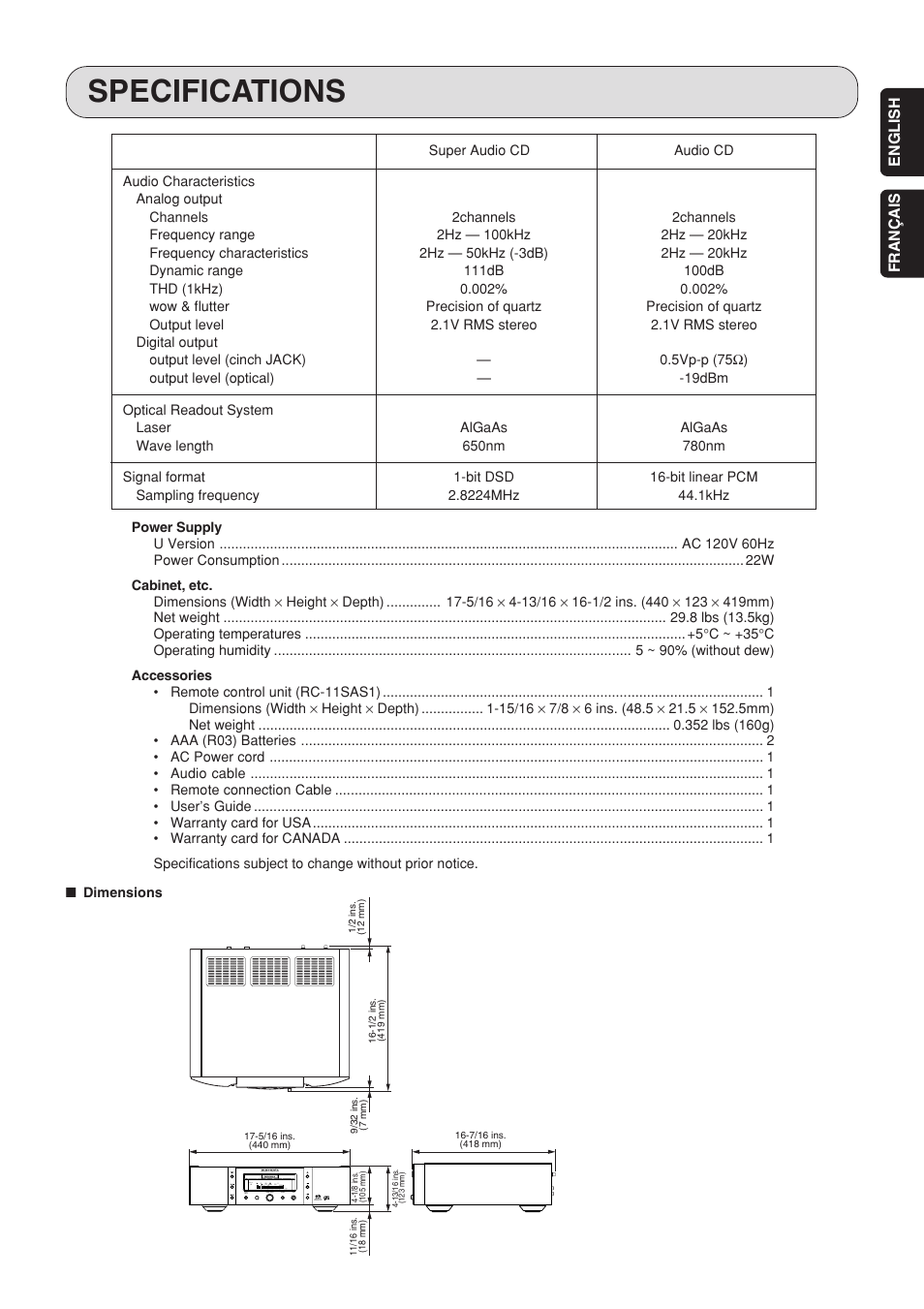 Specifications | Marantz SA-15S1 User Manual | Page 24 / 25