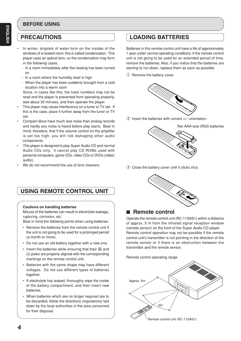 Using remote control unit, Precautions, Loading batteries | 7 remote control, Before using | Marantz SA-15S1 User Manual | Page 8 / 25