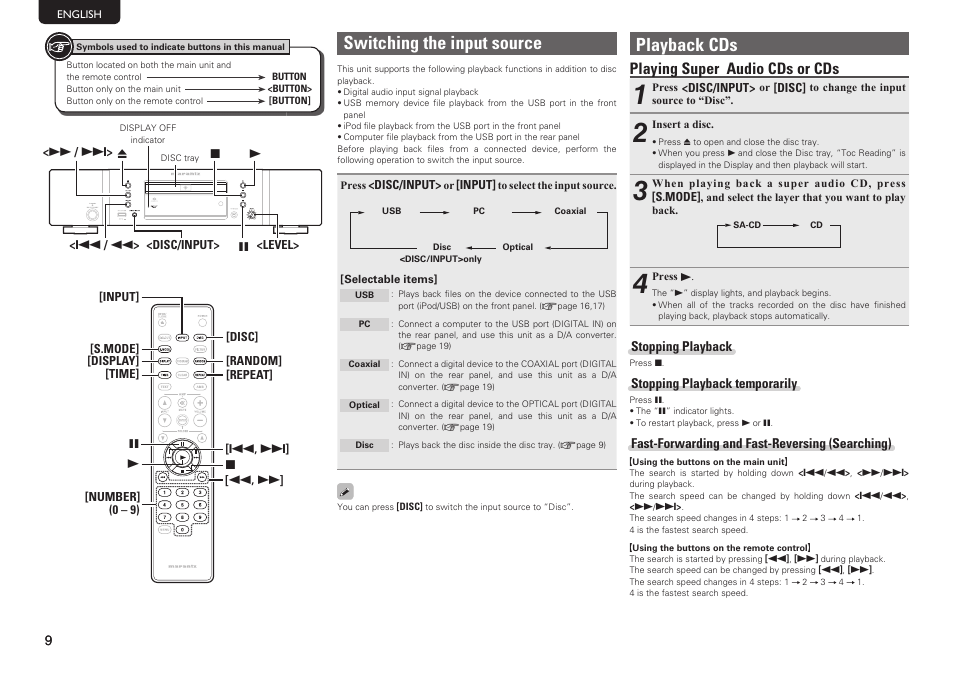 Playback cds, Switching the input source, Playing super audio cds or cds | Marantz SA8004 User Manual | Page 12 / 31