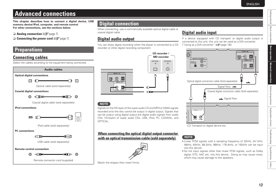 Advanced connections, Preparations, Digital connection | Connecting cables, Digital audio input, Digital audio output | Marantz SA8004 User Manual | Page 15 / 31