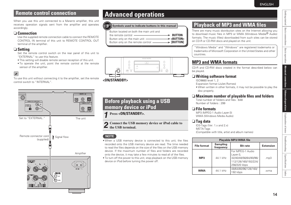 Advanced operations, Remote control connection, Playback of mp3 and wma fi les | Mp3 and wma formats | Marantz SA8004 User Manual | Page 17 / 31