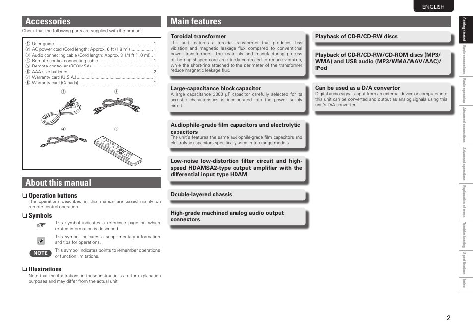 Main features, Accessories, About this manual | Marantz SA8004 User Manual | Page 5 / 31