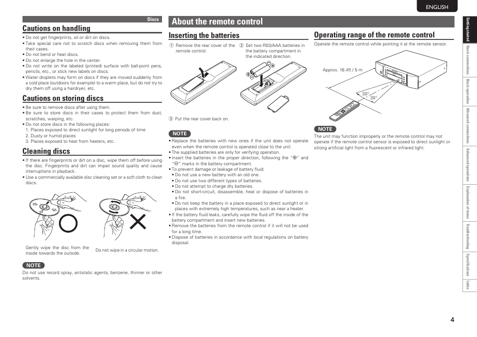 About the remote control, Cautions on handling, Cautions on storing discs | Cleaning discs, Inserting the batteries, Operating range of the remote control | Marantz SA8004 User Manual | Page 7 / 31