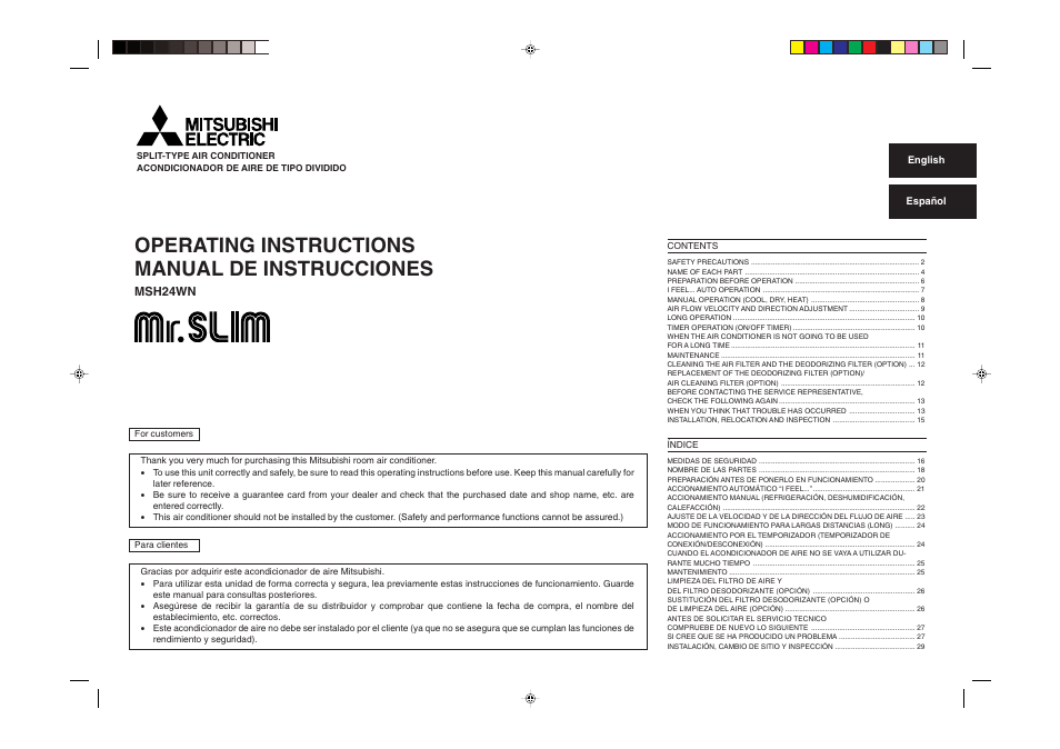 Mitsubishi Electric Msh24wn User Manual 32 Pages Original Mode