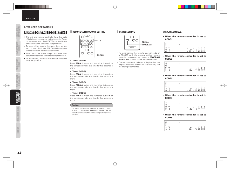 Remote control code setting | Marantz 541110307024M User Manual | Page 14 / 19