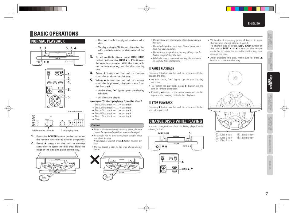 Basic operations, Normal playback, Change discs while playing | Marantz 541110307024M User Manual | Page 9 / 19