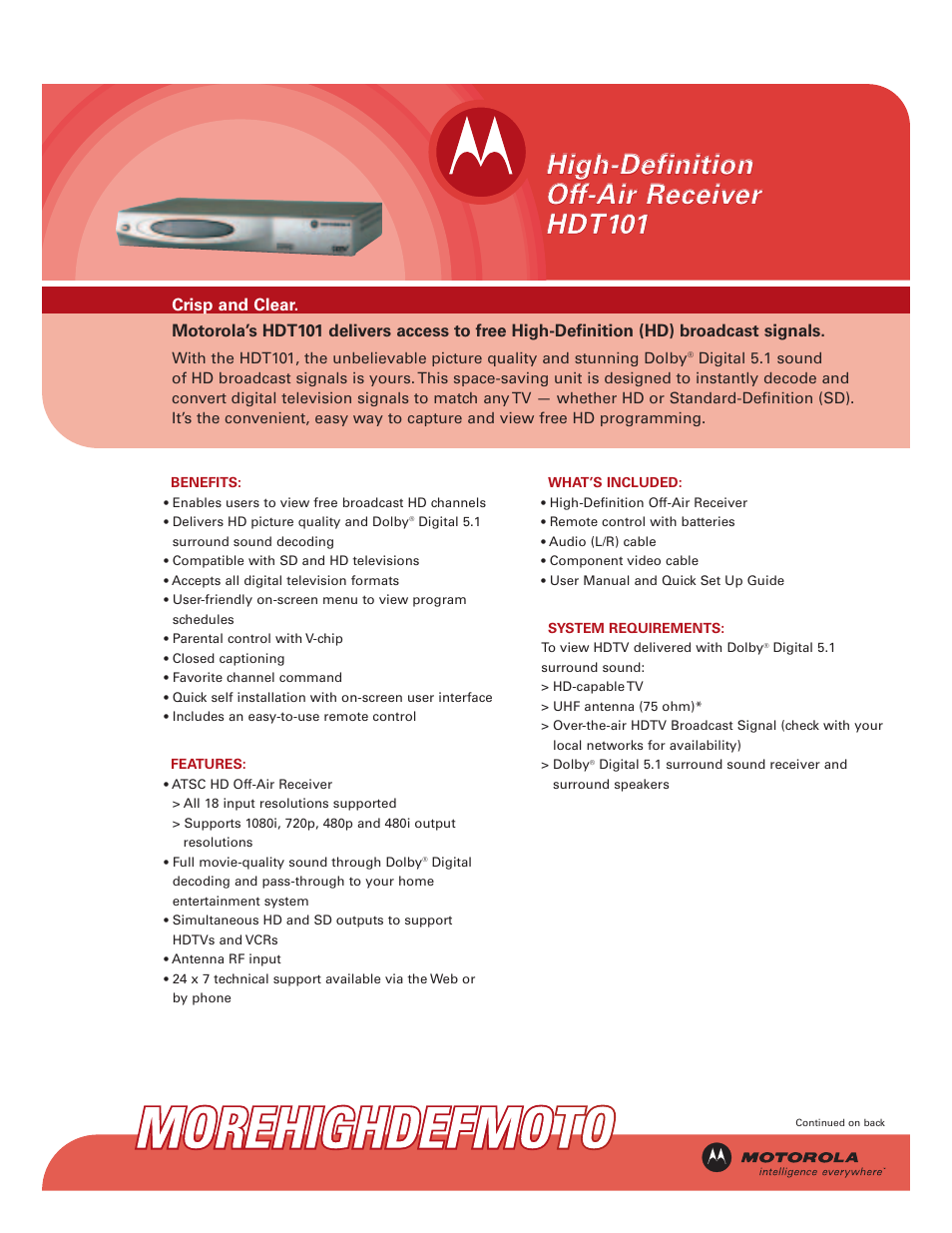 Motorola HDT101 User Manual | 2 pages