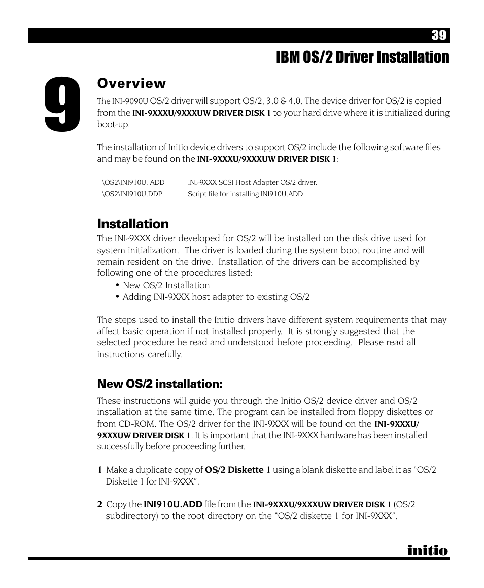 Ibm os/2 driver installation, Initio, Overview | Installation | Initio INI-9090U User Manual | Page 43 / 64