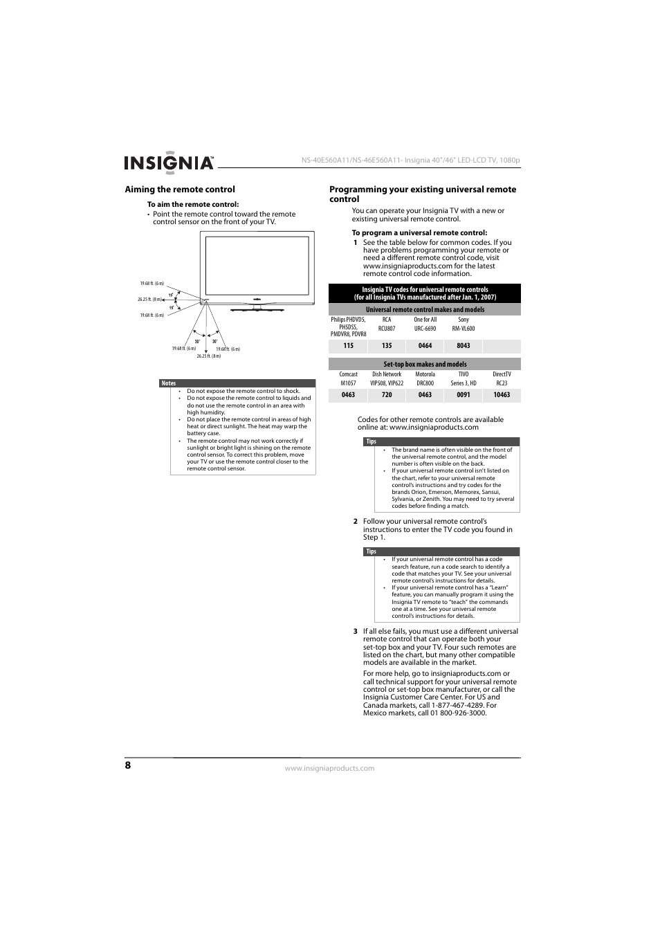 Aiming The Remote Control Programming Your Existing Universal Remote Control Insignia Ns 40e560a11 User Manual Page 12 40 Original Mode