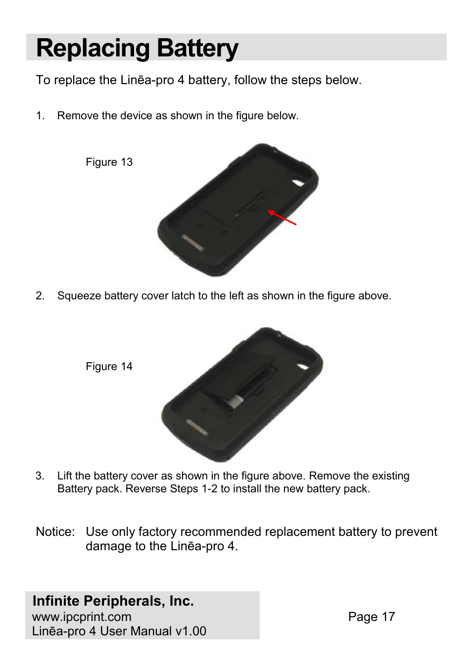 Replacing battery | Infinite Peripherals PRO 4 User Manual | Page 17 / 24