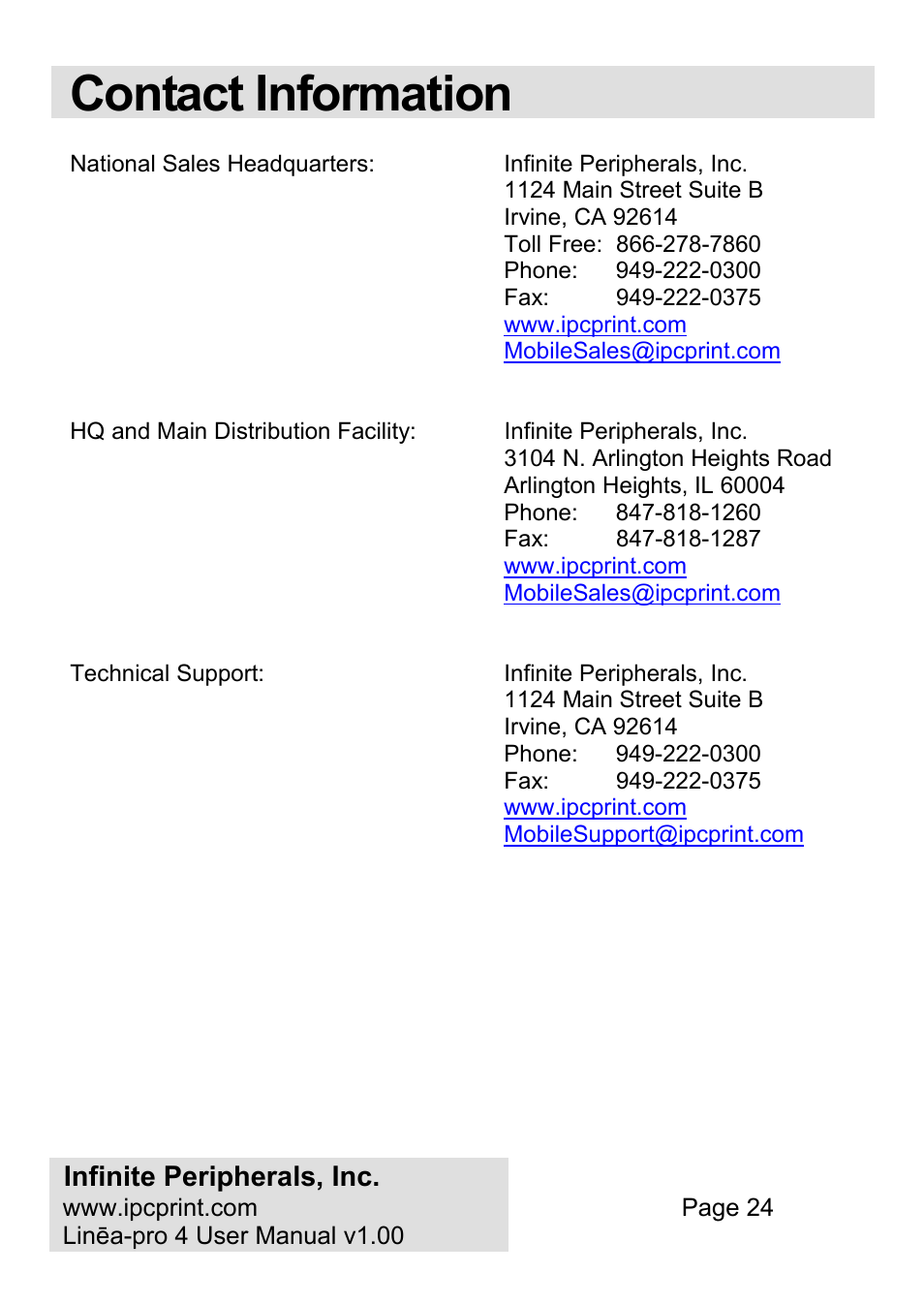 Contact information, Infinite peripherals, inc | Infinite Peripherals PRO 4 User Manual | Page 24 / 24