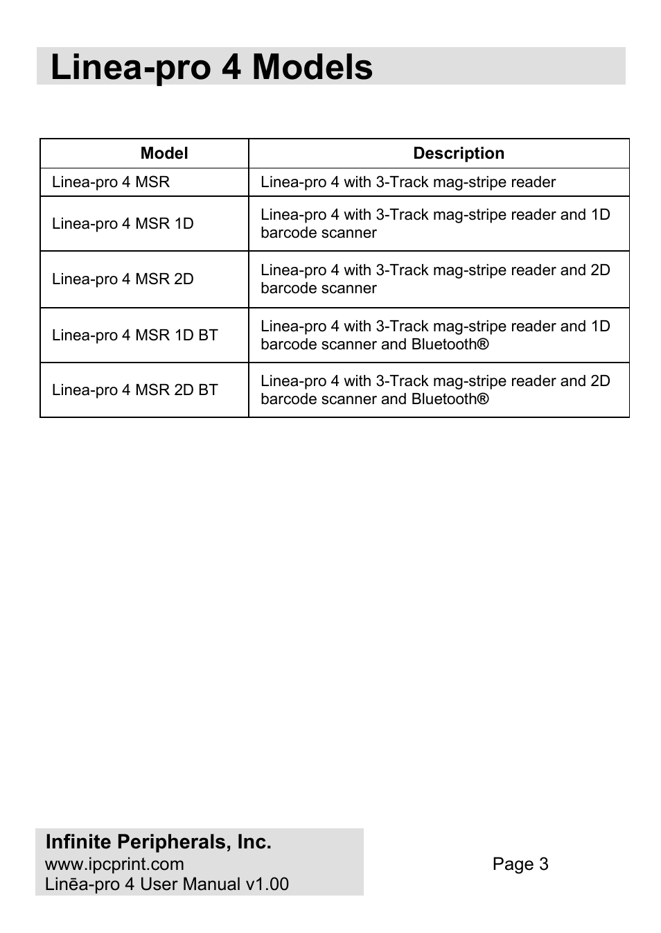 Linea-pro 4 models | Infinite Peripherals PRO 4 User Manual | Page 3 / 24