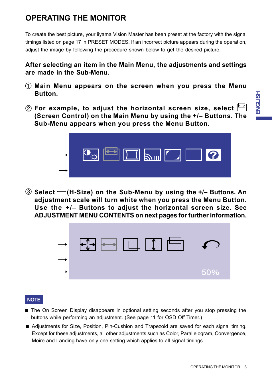 H-size screen control, Screen control menu, Operating the monitor | Iiyama MA203DT D User Manual | Page 11 / 21