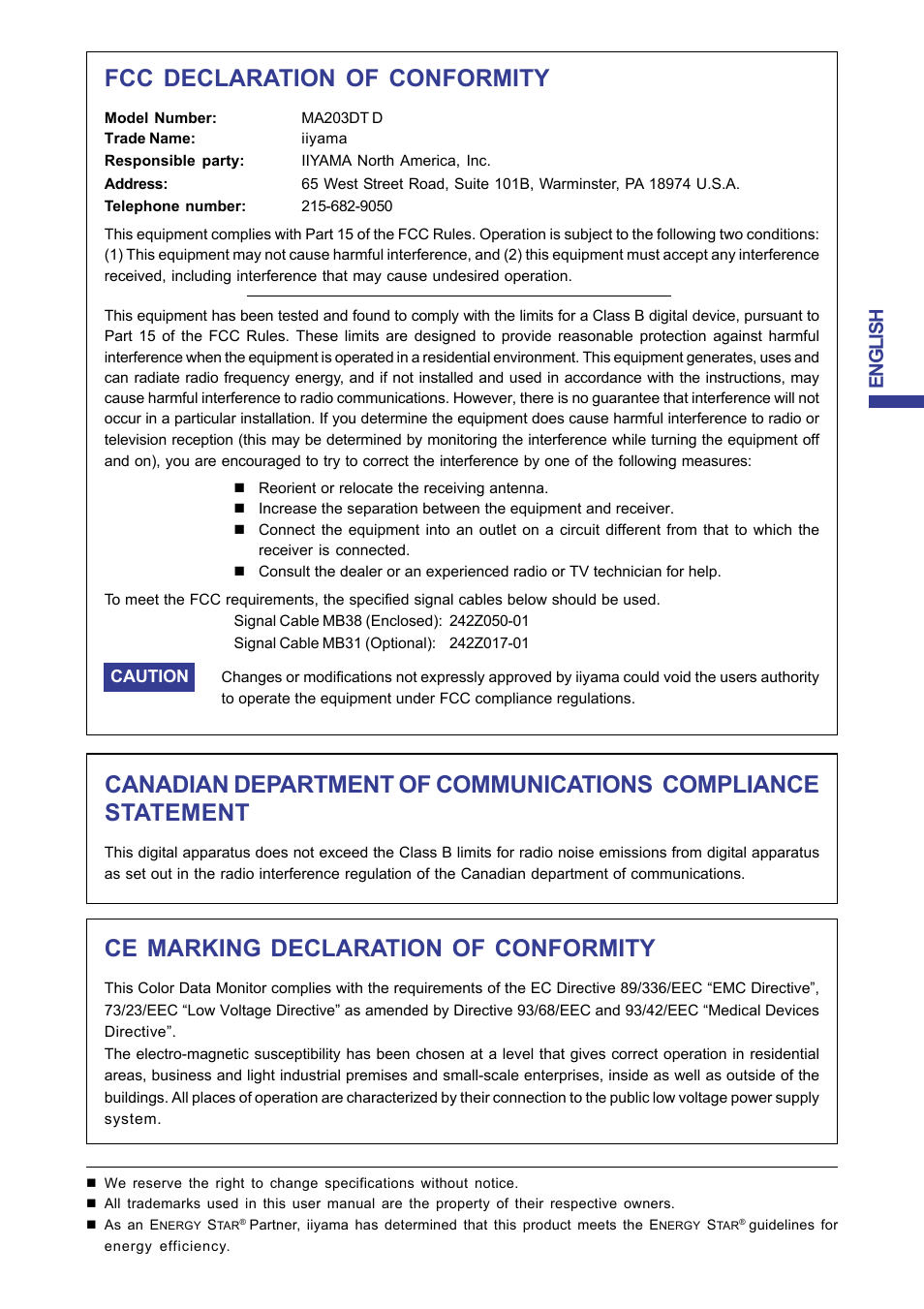 Fcc declaration of conformity, Ce marking declaration of conformity, English | Iiyama MA203DT D User Manual | Page 3 / 21