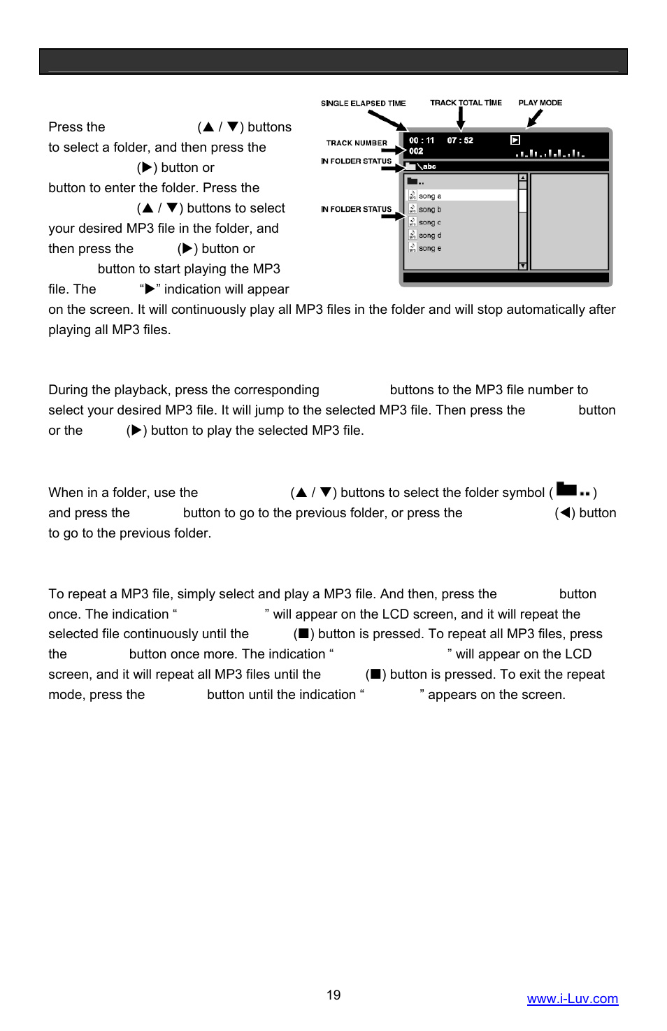 Basic operation, Playing an mp3 file in a folder, Selecting the mp3 file using numeric buttons | Going back to the previous mp3 folder, Repeat play of mp3 files | Iluv i1055 User Manual | Page 20 / 36