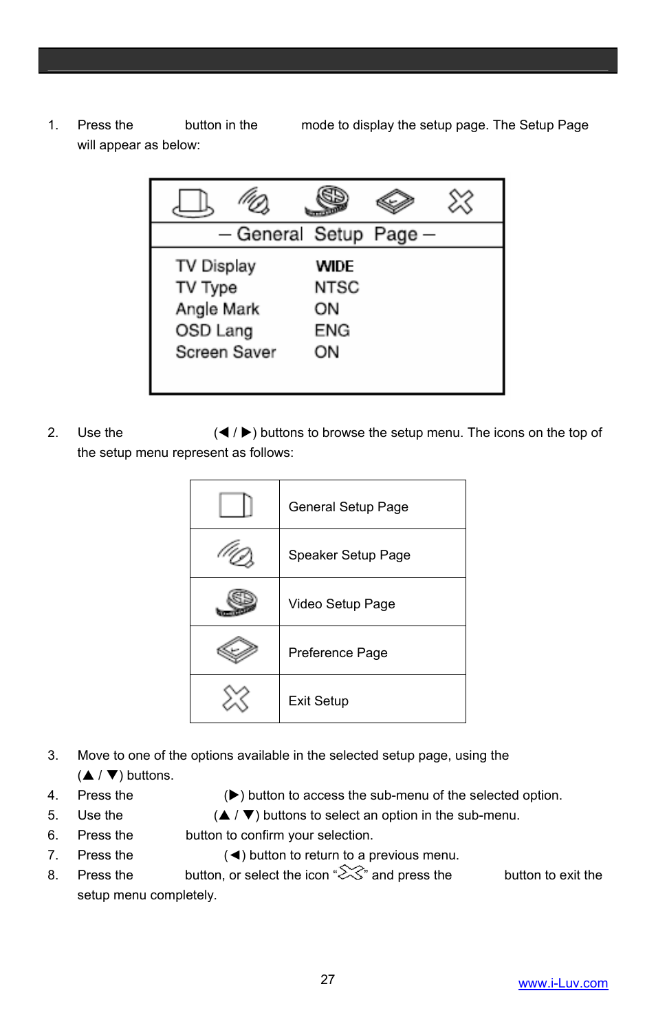 Setting up your dvd player, Navigating the setup pages | Iluv i1055 User Manual | Page 28 / 36