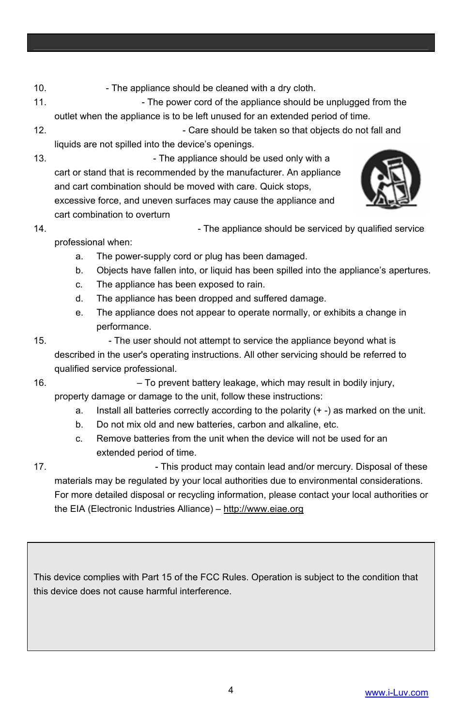 User safety guide, Important safety instructions – continued | Iluv i1055 User Manual | Page 5 / 36