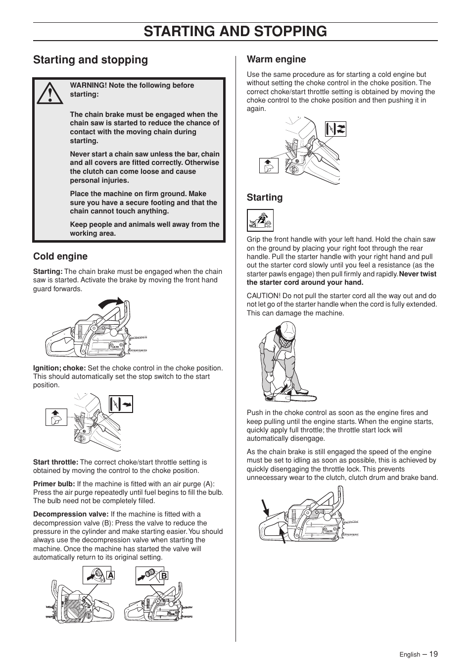 Starting and stopping, Cold engine, engine | Jonsered CS 2152 Manual | Page 19 / 40 | Original mode