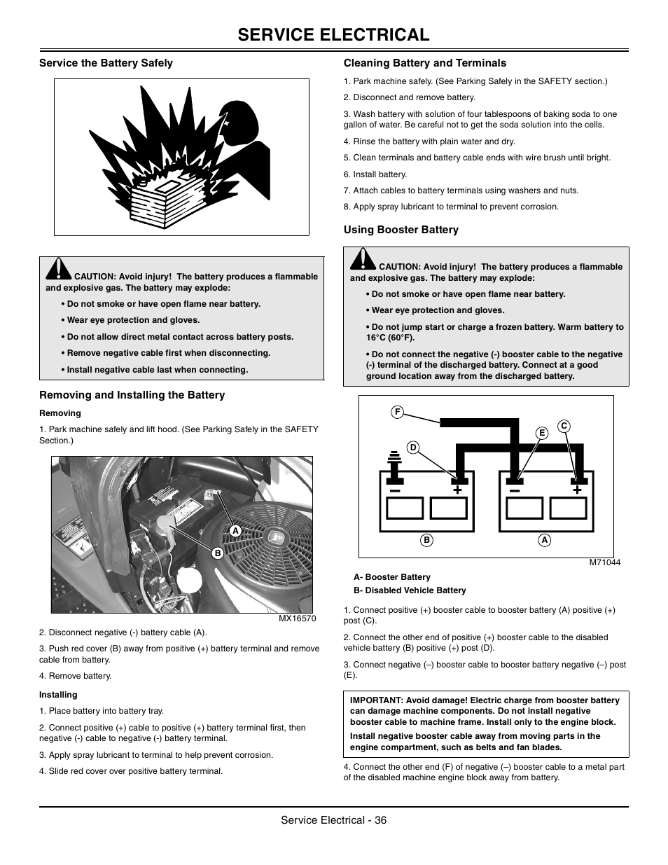 Service the battery safely, Removing and installing the battery, Removing | Installing, Cleaning battery and terminals, Using booster battery, Service electrical | John Deere la105 User Manual | Page 37 / 52