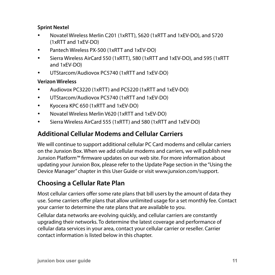 Additional cellular modems and cellular carriers, Choosing a cellular rate plan | Junxion Box JB-110B User Manual | Page 11 / 48
