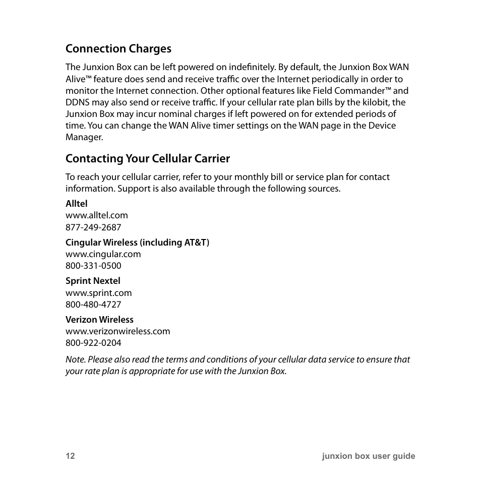 Connection charges, Contacting your cellular carrier | Junxion Box JB-110B User Manual | Page 12 / 48
