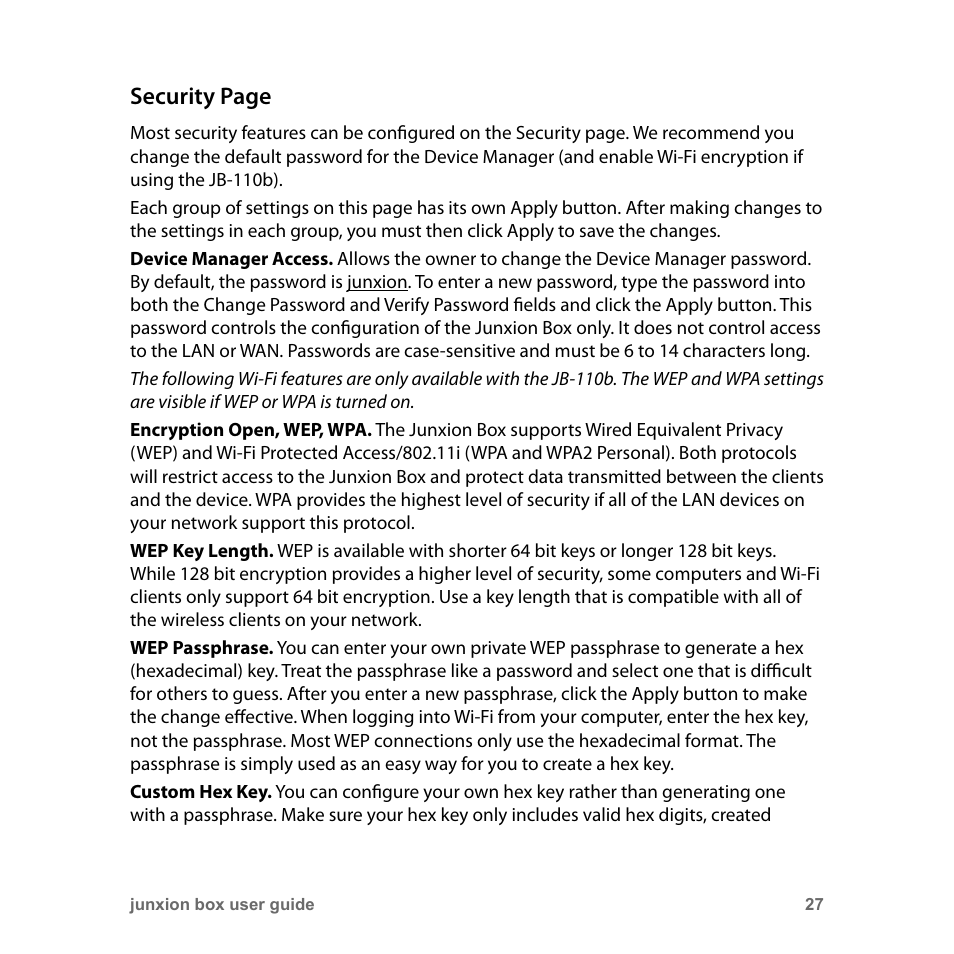 Security page | Junxion Box JB-110B User Manual | Page 27 / 48