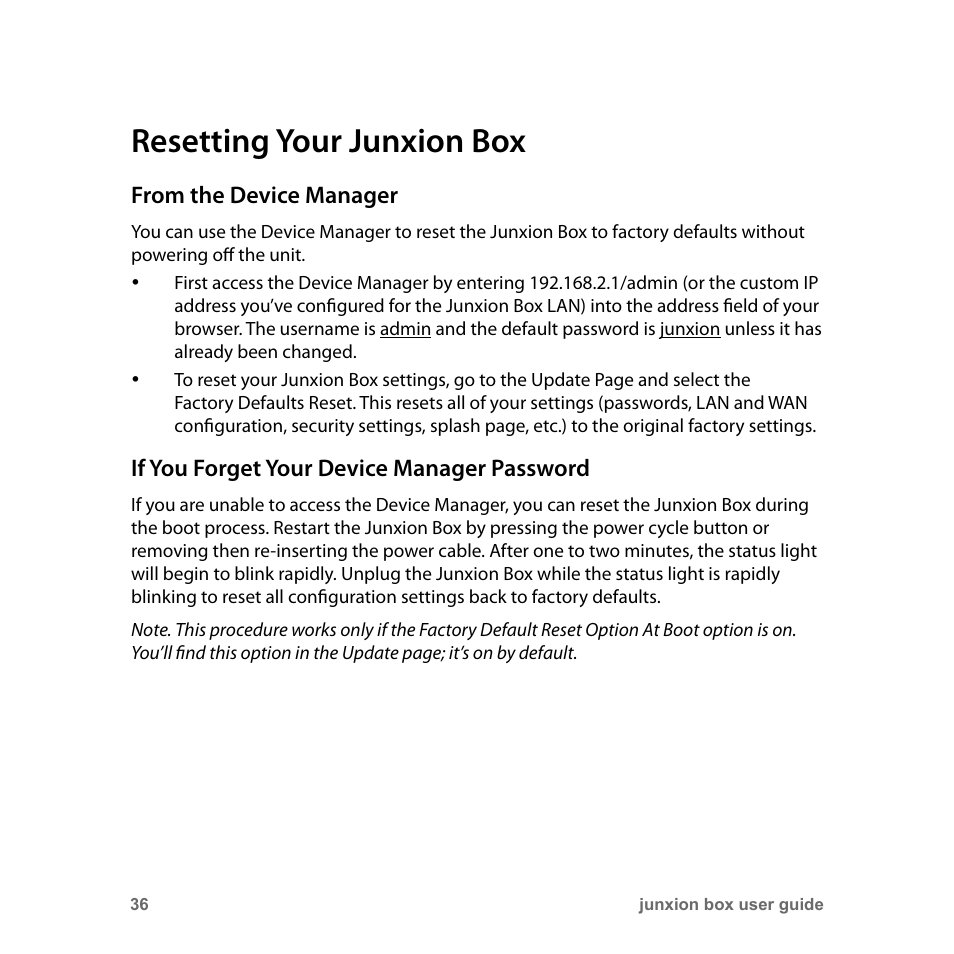 Resetting your junxion box, From the device manager, If you forget your device manager password | Junxion Box JB-110B User Manual | Page 36 / 48