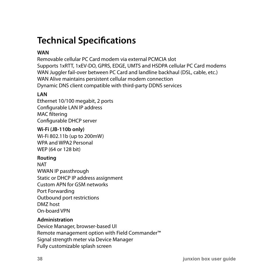 Technical specifications, Technical speciﬁcations | Junxion Box JB-110B User Manual | Page 38 / 48