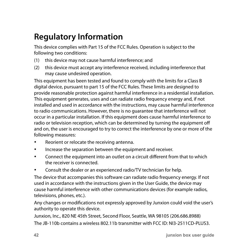 Regulatory information | Junxion Box JB-110B User Manual | Page 42 / 48